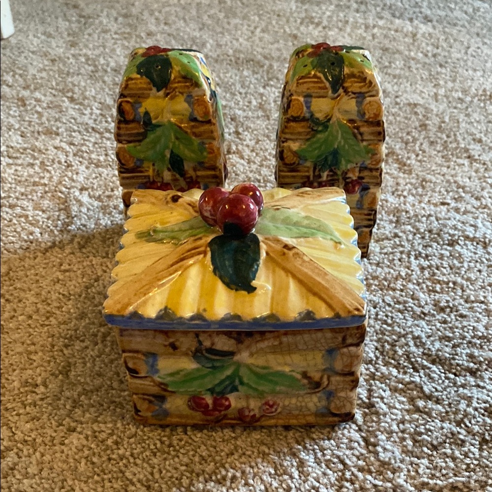 Majolica 3 piece set.  Salt and pepper and sugar